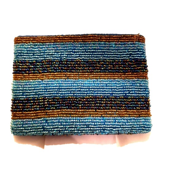 Sea Beads Glass Wallet Coin Purse Zip Pouch 5.5 X 4” Blue Stripe Turquoise Small - Picture 1 of 4